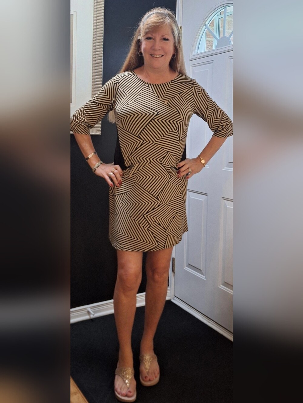 Alfani Black and Tan Mini Dress with Graphic Stripe Pattern